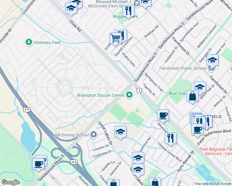 map of restaurants, bars, coffee shops, grocery stores, and more near 10 Orchard Park Gate in Brampton