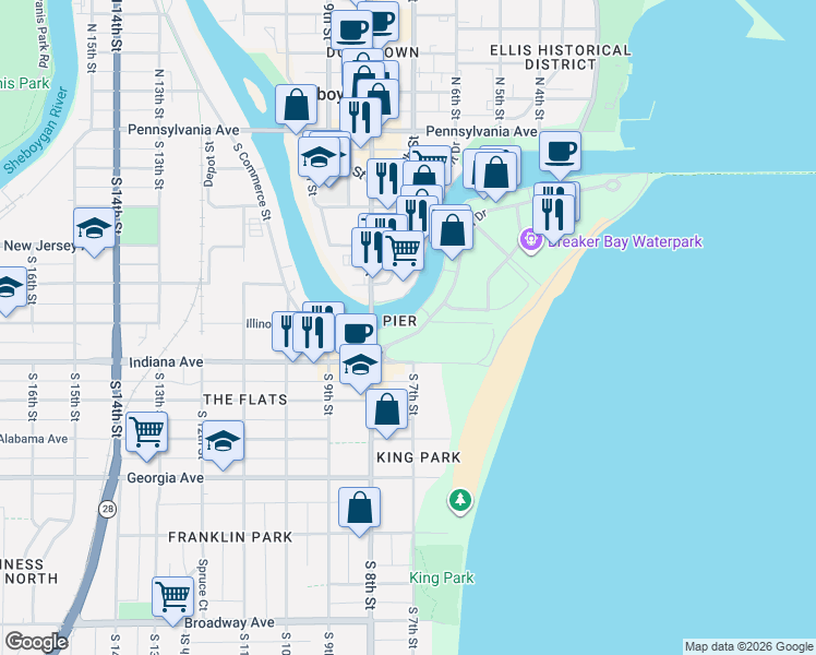 map of restaurants, bars, coffee shops, grocery stores, and more near 716 South Pier Drive in Sheboygan