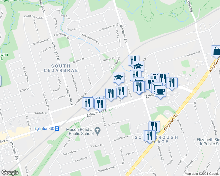 map of restaurants, bars, coffee shops, grocery stores, and more near 130 Conn Smythe Drive in Toronto