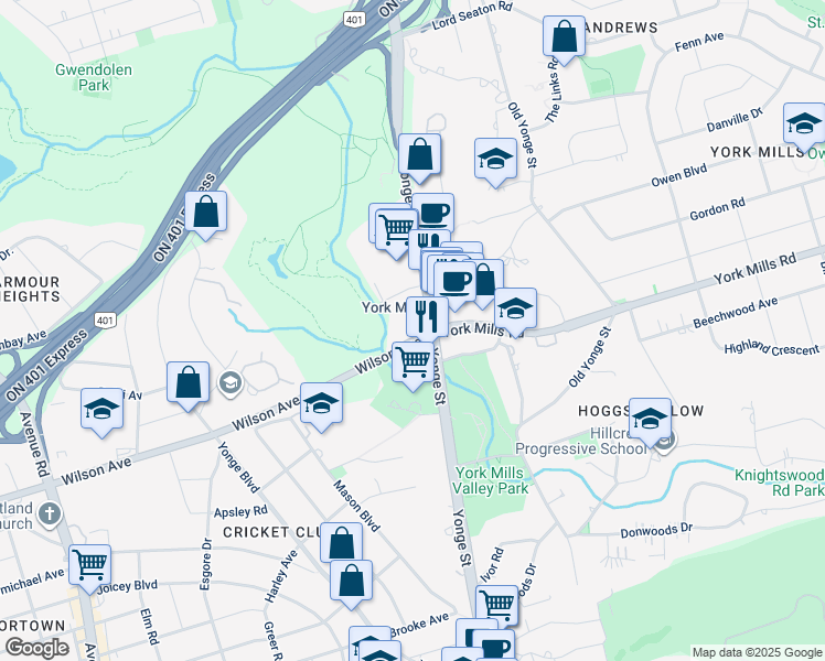 map of restaurants, bars, coffee shops, grocery stores, and more near 4050 Yonge Street in Toronto