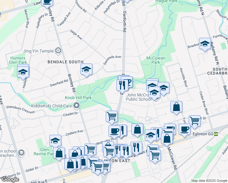 map of restaurants, bars, coffee shops, grocery stores, and more near 1350 Danforth Road in Toronto