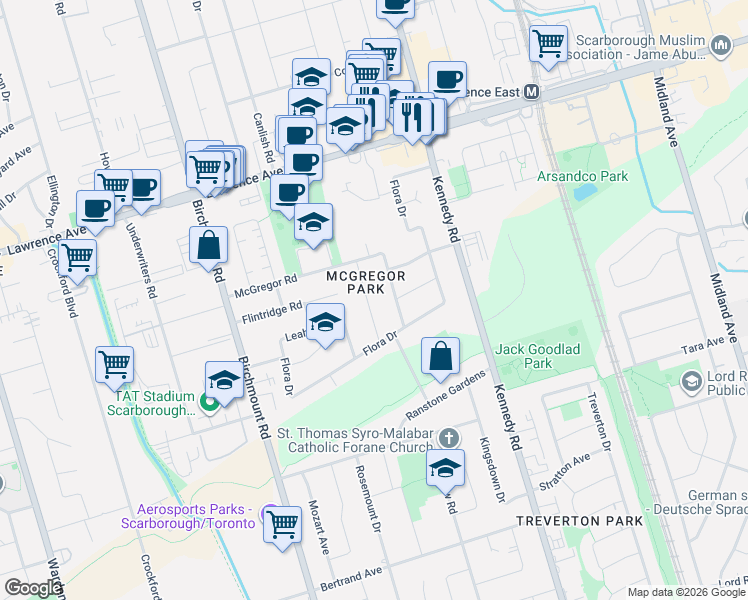 map of restaurants, bars, coffee shops, grocery stores, and more near 19 Balaclava Drive in Toronto