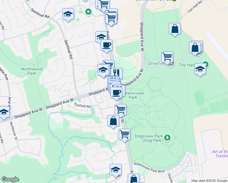 map of restaurants, bars, coffee shops, grocery stores, and more near 3322 Keele Street in Toronto