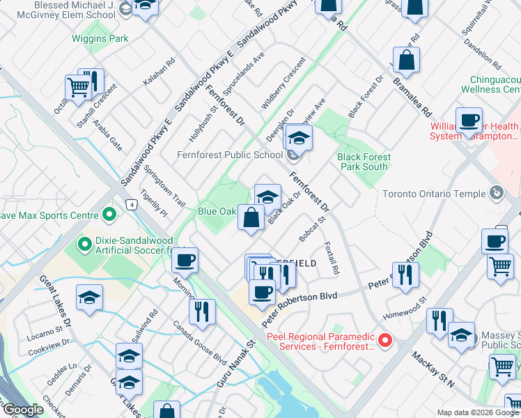 map of restaurants, bars, coffee shops, grocery stores, and more near 35 Black Oak Drive in Brampton
