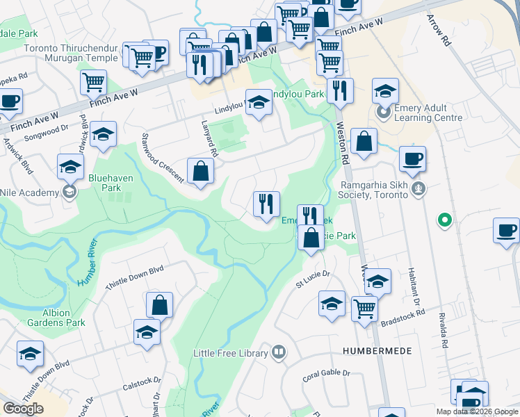 map of restaurants, bars, coffee shops, grocery stores, and more near 26 Storer Drive in Toronto