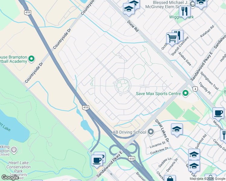 map of restaurants, bars, coffee shops, grocery stores, and more near 50 Via Rosedale in Brampton