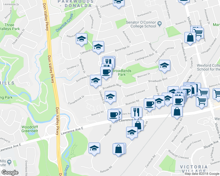 map of restaurants, bars, coffee shops, grocery stores, and more near 21 Broadlands Boulevard in Toronto