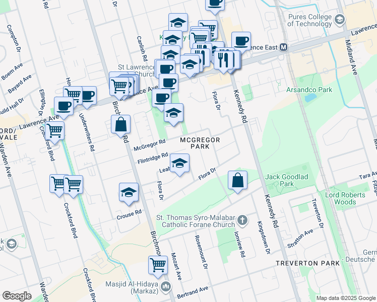 map of restaurants, bars, coffee shops, grocery stores, and more near in Toronto