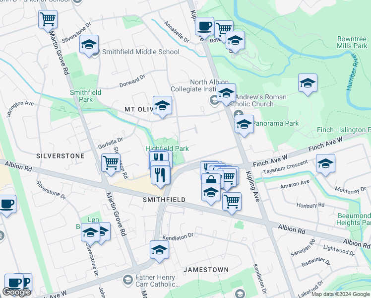 map of restaurants, bars, coffee shops, grocery stores, and more near in Toronto