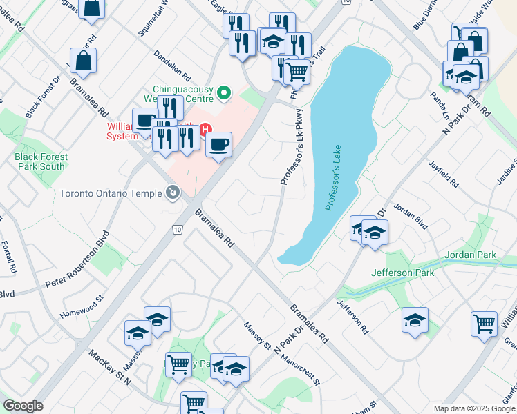 map of restaurants, bars, coffee shops, grocery stores, and more near 71 Princeton Terrace in Brampton