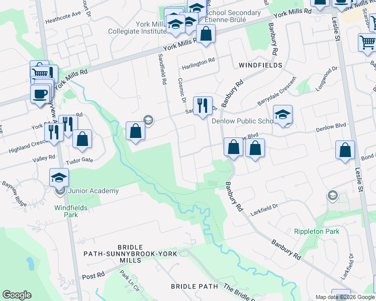 map of restaurants, bars, coffee shops, grocery stores, and more near 136 Denlow Boulevard in Toronto