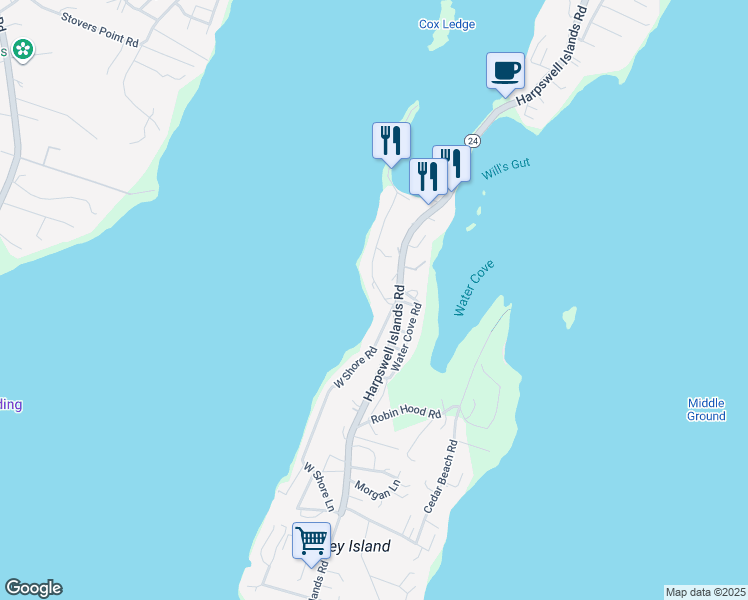 map of restaurants, bars, coffee shops, grocery stores, and more near 6 Windward Way in Harpswell