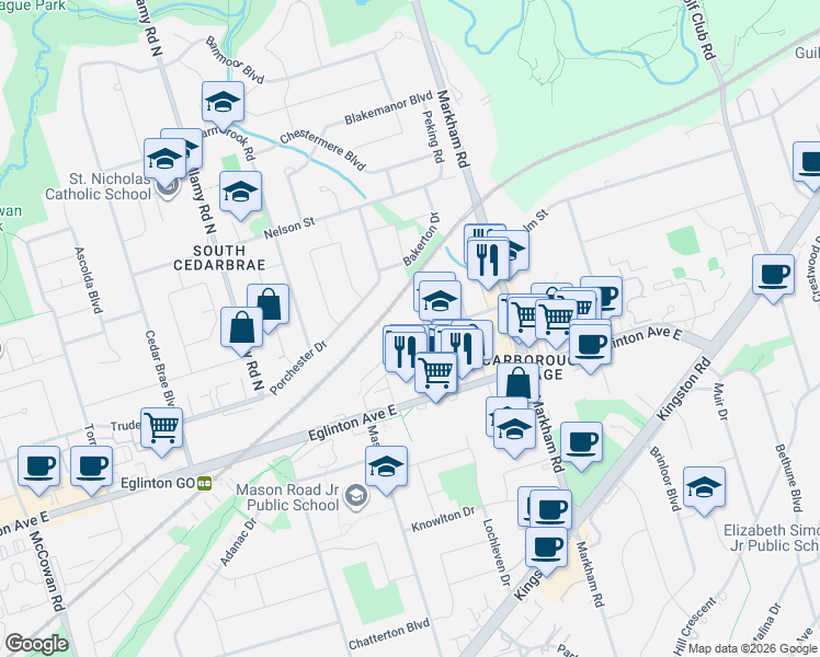 map of restaurants, bars, coffee shops, grocery stores, and more near 140 Conn Smythe Drive in Toronto