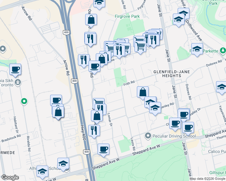 map of restaurants, bars, coffee shops, grocery stores, and more near 95 Snowood Court in Toronto