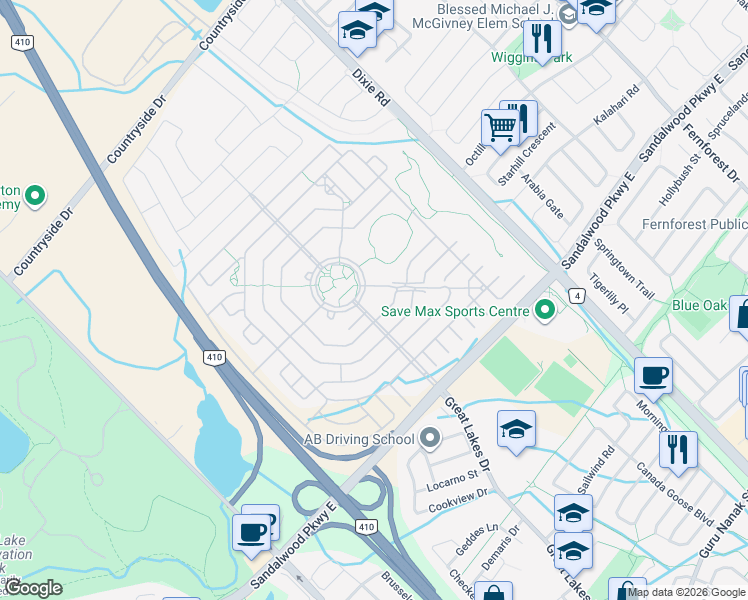 map of restaurants, bars, coffee shops, grocery stores, and more near 16 Ballerina Gardens in Brampton