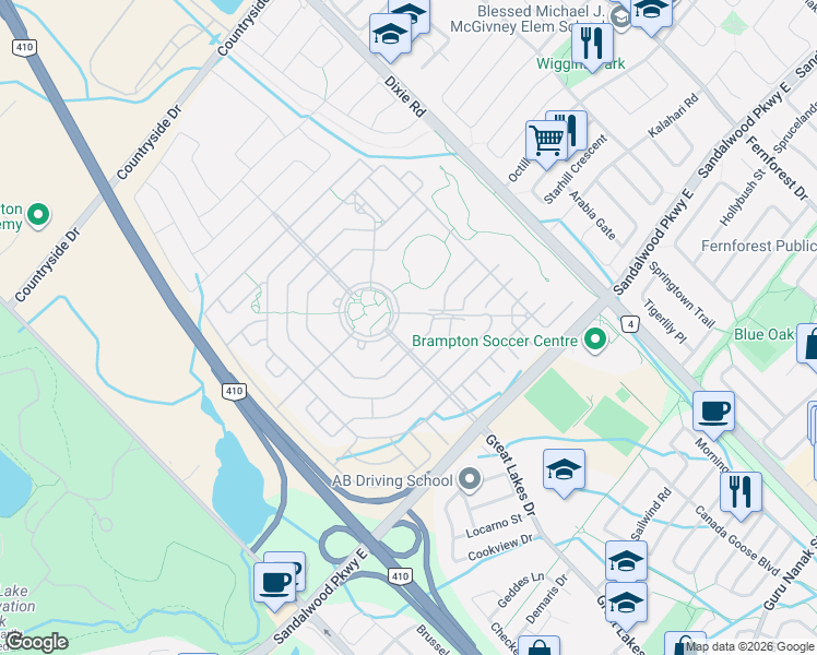 map of restaurants, bars, coffee shops, grocery stores, and more near 25 Via Rosedale in Brampton