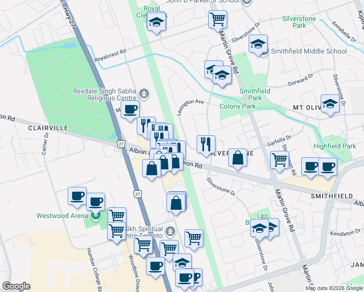 map of restaurants, bars, coffee shops, grocery stores, and more near 87 Lexington Avenue in Toronto