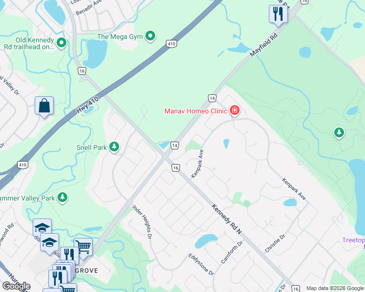 map of restaurants, bars, coffee shops, grocery stores, and more near 12 Kingfisher Court in Brampton