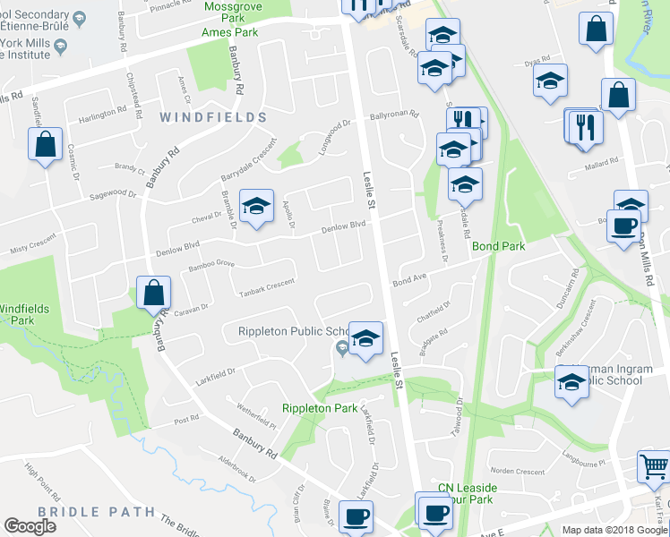 map of restaurants, bars, coffee shops, grocery stores, and more near 29 Leacock Crescent in Toronto