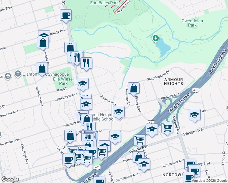map of restaurants, bars, coffee shops, grocery stores, and more near 239 Sandringham Drive in Toronto