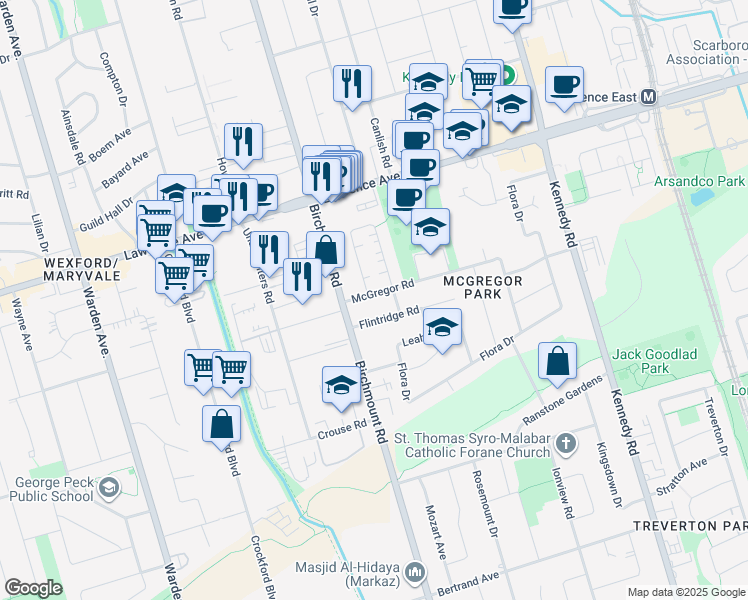 map of restaurants, bars, coffee shops, grocery stores, and more near 11 McGregor Road in Toronto