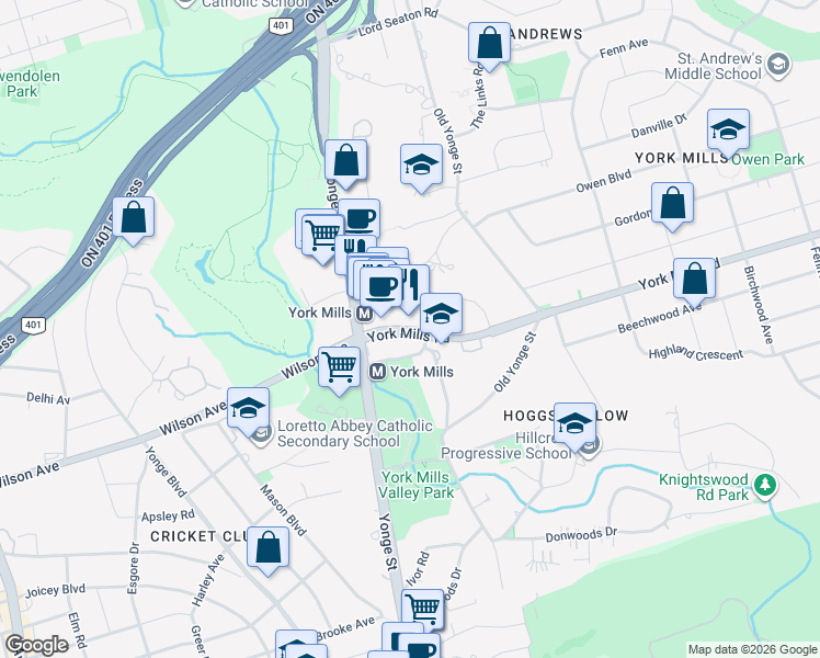 map of restaurants, bars, coffee shops, grocery stores, and more near 36 York Mills Road in Toronto