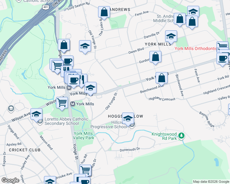 map of restaurants, bars, coffee shops, grocery stores, and more near 145 Old Yonge Street in Toronto