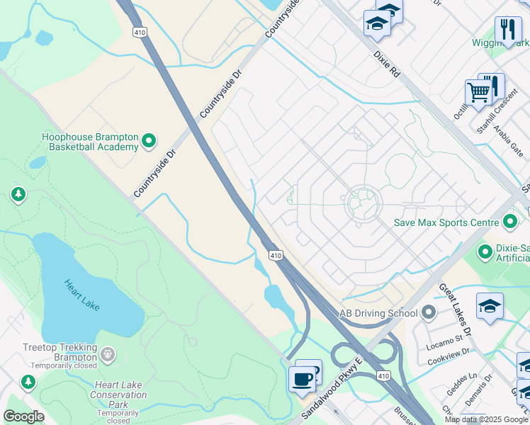 map of restaurants, bars, coffee shops, grocery stores, and more near 15 Lavender Jewel Street in Brampton