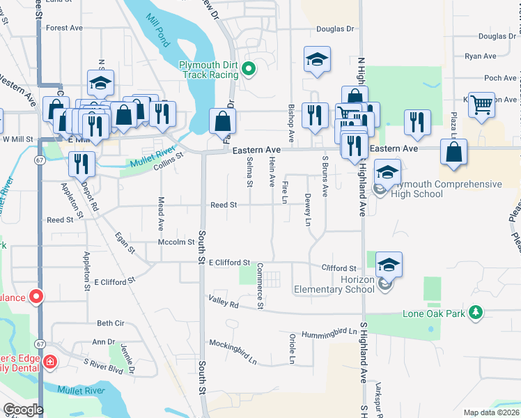 map of restaurants, bars, coffee shops, grocery stores, and more near 1015 Reed Street in Plymouth