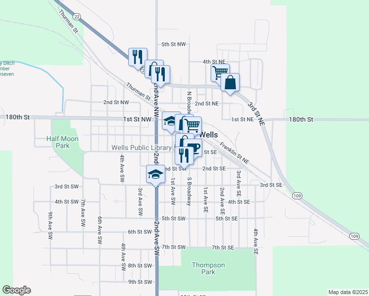 map of restaurants, bars, coffee shops, grocery stores, and more near 36 South Broadway in Wells