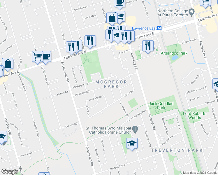 map of restaurants, bars, coffee shops, grocery stores, and more near 30 Balaclava Drive in Toronto