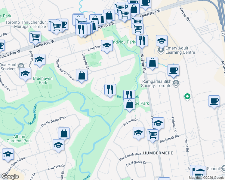 map of restaurants, bars, coffee shops, grocery stores, and more near 25 Storer Drive in Toronto