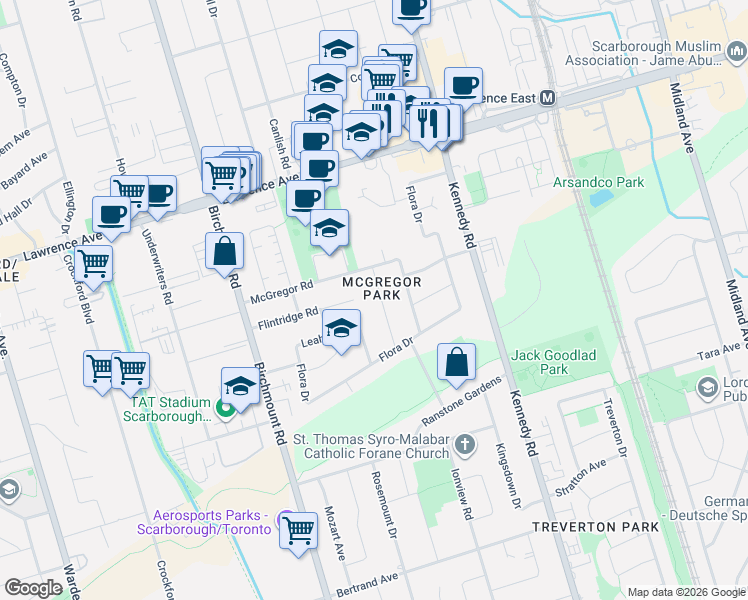 map of restaurants, bars, coffee shops, grocery stores, and more near 30 Balaclava Drive in Toronto