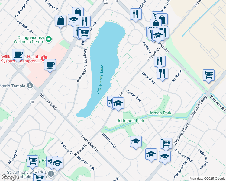 map of restaurants, bars, coffee shops, grocery stores, and more near 44 Pennington Place in Brampton