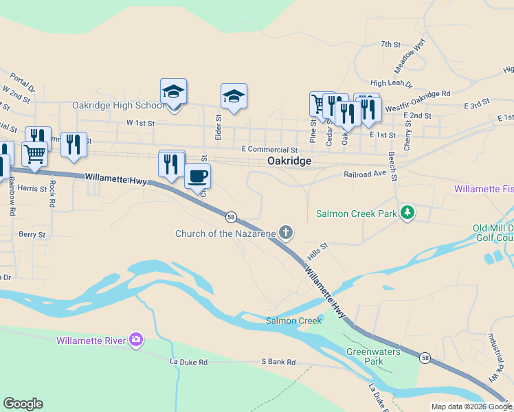 map of restaurants, bars, coffee shops, grocery stores, and more near 76336 Willamette Way in Oakridge