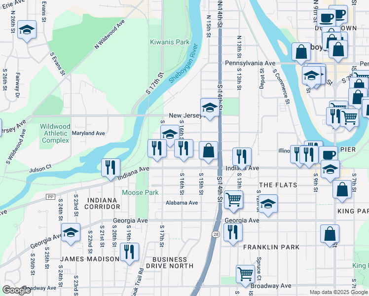 map of restaurants, bars, coffee shops, grocery stores, and more near 1534 Illinois Avenue in Sheboygan