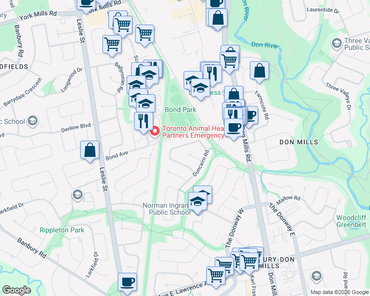 map of restaurants, bars, coffee shops, grocery stores, and more near 49 Addison Crescent in Toronto