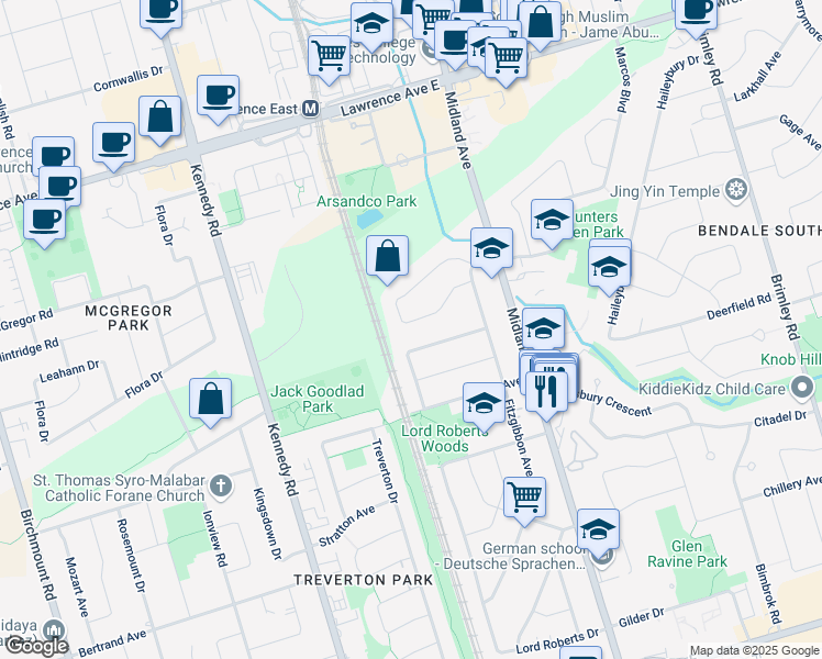 map of restaurants, bars, coffee shops, grocery stores, and more near 34 Romulus Drive in Toronto