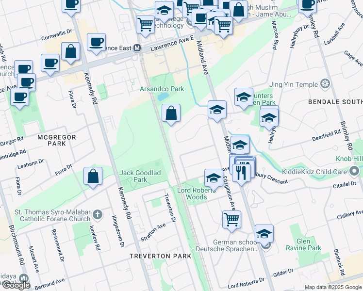 map of restaurants, bars, coffee shops, grocery stores, and more near 34 Romulus Drive in Toronto