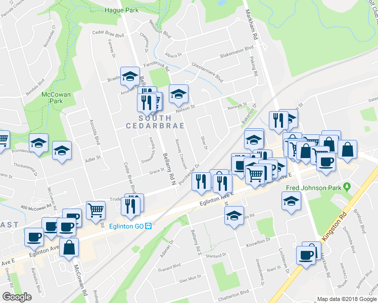 map of restaurants, bars, coffee shops, grocery stores, and more near 14 Farmbrook Road in Toronto