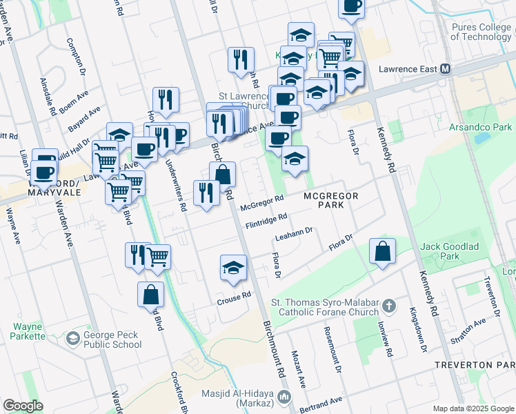 map of restaurants, bars, coffee shops, grocery stores, and more near 15 McGregor Road in Toronto