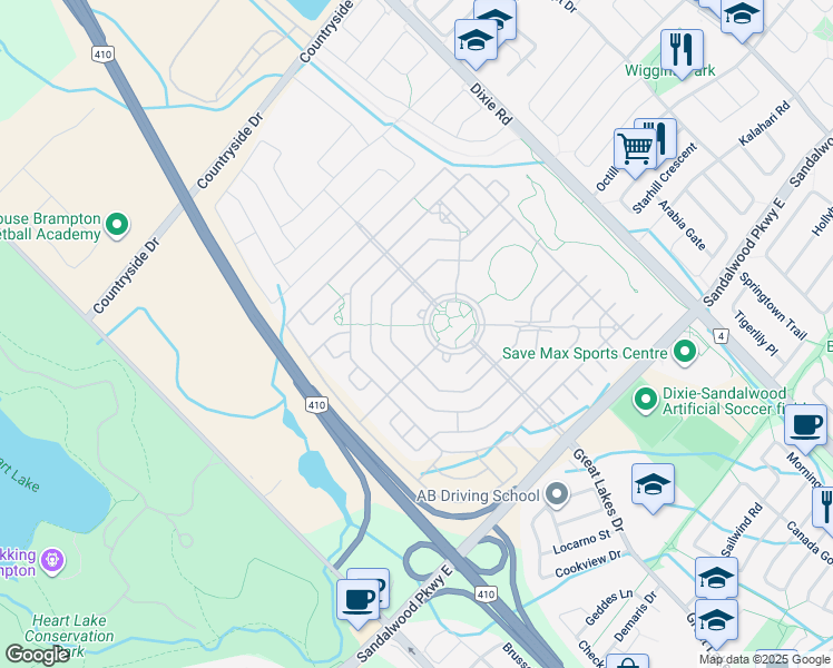 map of restaurants, bars, coffee shops, grocery stores, and more near in Brampton