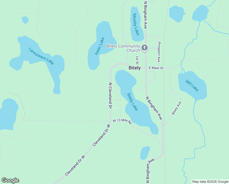 map of restaurants, bars, coffee shops, grocery stores, and more near 10568 North Cleveland Drive in Bitely