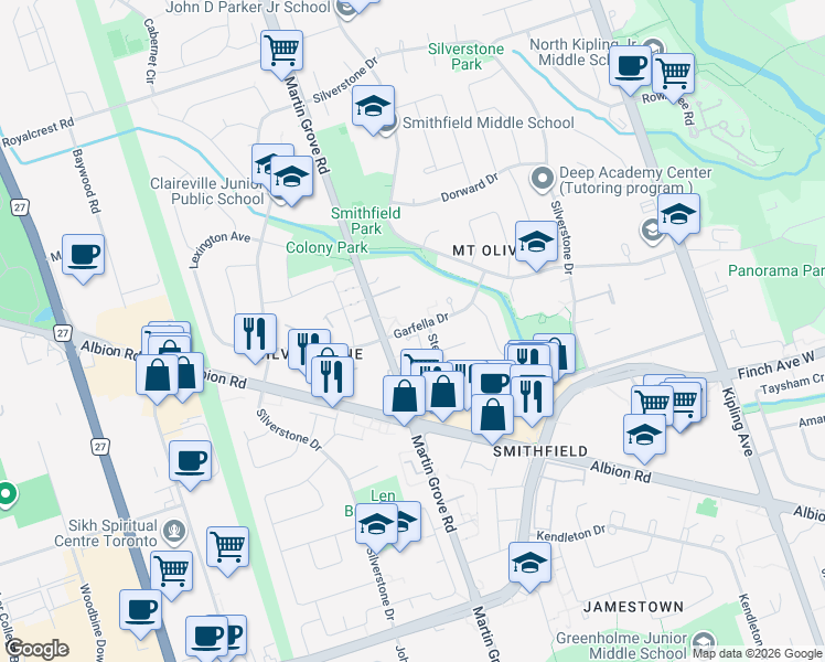 map of restaurants, bars, coffee shops, grocery stores, and more near 41 Garfella Drive in Toronto