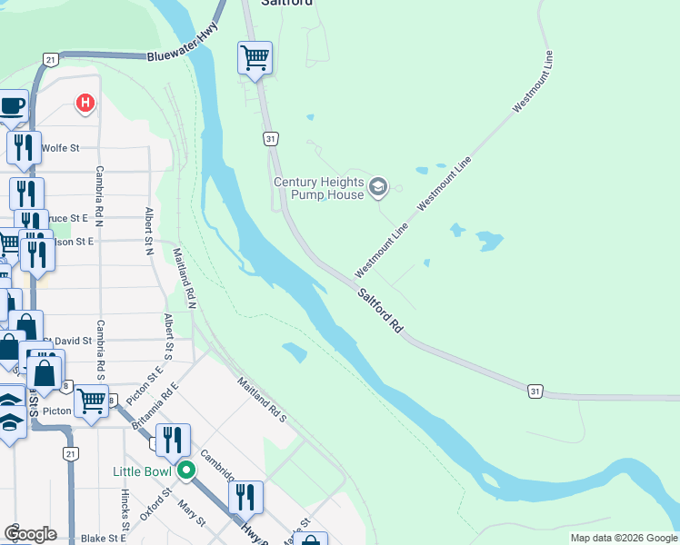 map of restaurants, bars, coffee shops, grocery stores, and more near 36588 Saltford Road in Goderich
