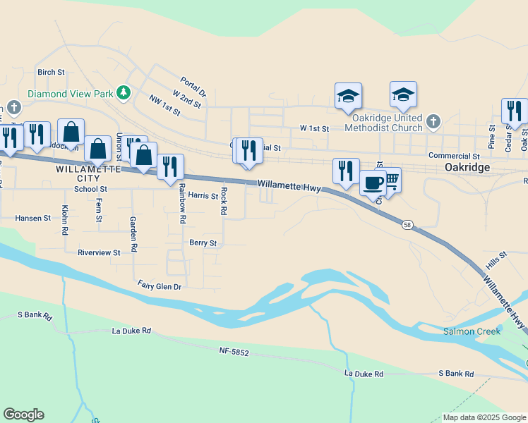 map of restaurants, bars, coffee shops, grocery stores, and more near 47886 Elgin Avenue in Oakridge