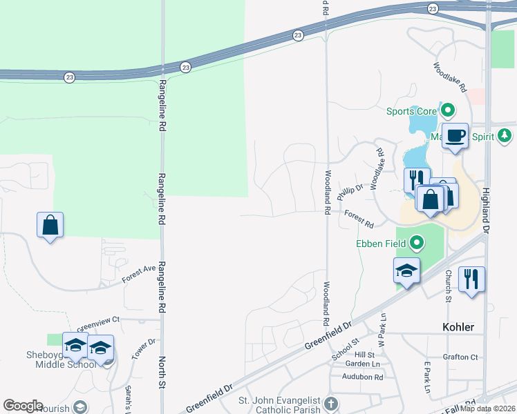 map of restaurants, bars, coffee shops, grocery stores, and more near 430 Woodland Road in Kohler
