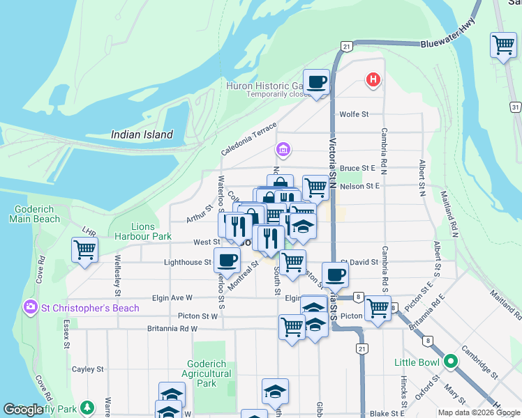 map of restaurants, bars, coffee shops, grocery stores, and more near 46 Church Street in Goderich