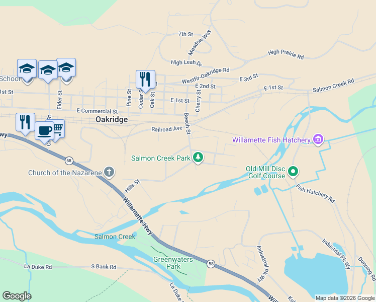 map of restaurants, bars, coffee shops, grocery stores, and more near 76335 Jasper Drive in Oakridge