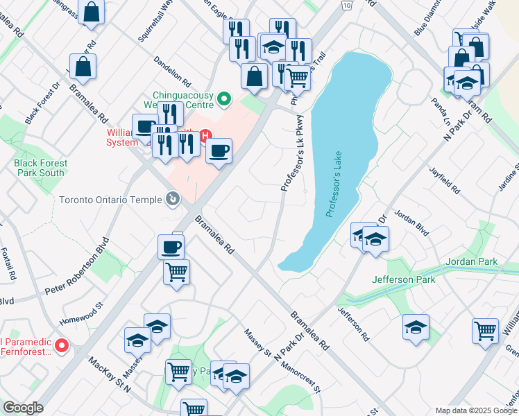 map of restaurants, bars, coffee shops, grocery stores, and more near 71 Princeton Terrace in Brampton